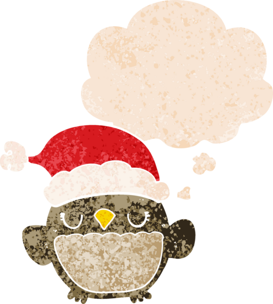 Sevimli noel baykuşu. Düşünce baloncuğu, grunge 'da sıkıntılı retro stili bir insan tarafından çizilmiş.