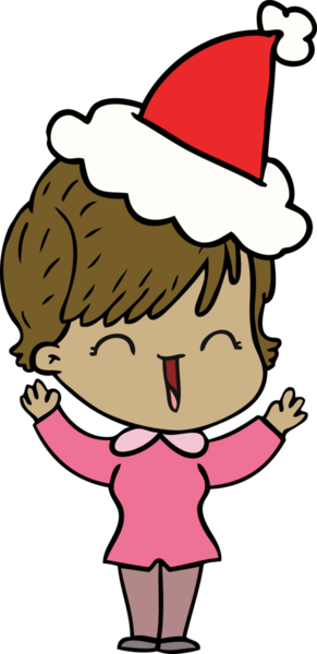 Bir insan tarafından çizilmiş Noel Baba şapkası takan gülen bir kadının el çizimi.