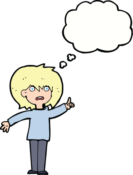 Çizgi filmdeki kadın bir insan tarafından çizilmiş düşünce balonuyla soru soruyor.