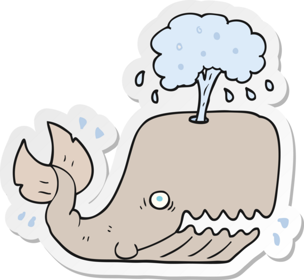 Bir insan tarafından çizilmiş su püskürten bir karikatür balinasının etiketi.