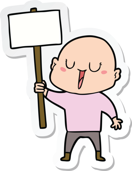 Bir insan tarafından çizilmiş imzalı mutlu, kel bir adamın çıkartması.