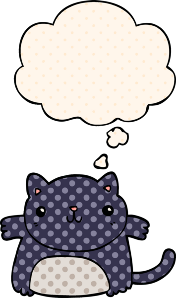 Çizgi roman tarzında düşünce baloncuğu olan çizgi film kedisi insan tarafından çizilmiş.