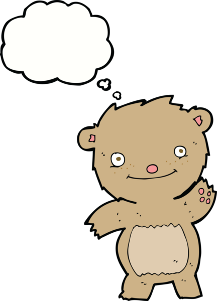 Bir insan tarafından çizilmiş düşünce balonlu oyuncak ayıyı sallayan çizgi film.