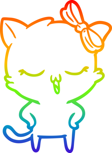 Gökkuşağı gradyan çizgi çizimi bir çizgi film kedisinin kafasında yay ve kalçasında bir insan tarafından çizilmiş kalçalar