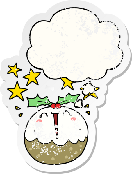 Düşünce baloncuklu mutlu noel pudingi bir insan tarafından çizilmiş yıpranmış bir çıkartma.