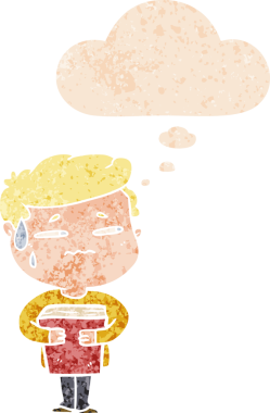 Düşünce baloncuklu çizgi film karakteri endişeli çocuk grunge sıkıntılı retro tarzı bir insan tarafından çizilmiş