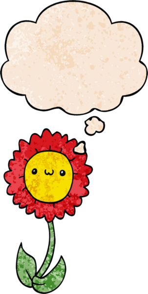 Bir insan tarafından çizilmiş grunge desenli düşünce baloncuğu olan karikatür çiçeği