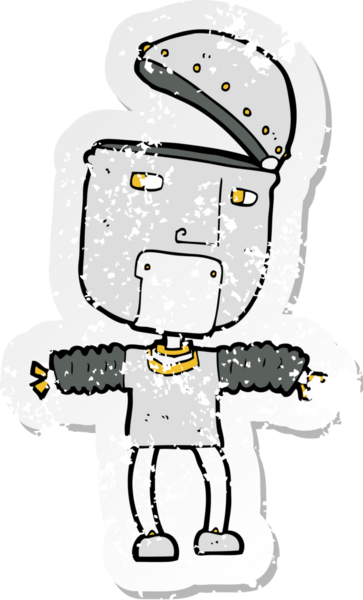 Bir insan tarafından çizilmiş açık kafalı komik bir robot çizgi film çıkartması.