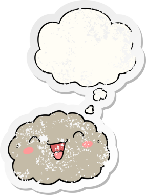 Düşünce baloncuğu olan mutlu çizgi film bulutu bir insan tarafından çizilmiş yıpranmış bir çıkartma gibi.