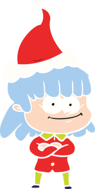 Bir insan tarafından çizilmiş Noel Baba şapkası takan gülümseyen bir kadının düz renkli çizimi.