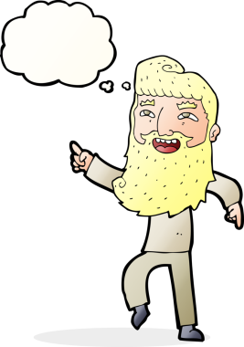 Çizgi filmdeki sakallı adam gülüyor ve bir insan tarafından çizilmiş düşünce balonuyla işaret ediyor.