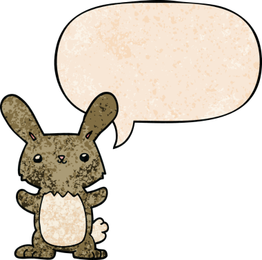 Konuşma baloncuğu olan sevimli çizgi film tavşanı insan tarafından çizilmiş.