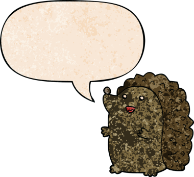 çizgi film mutlu kirpi konuşma balonu ile retro doku bir insan tarafından çizilmiş