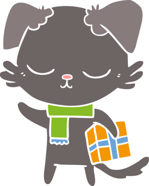 Sevimli düz renkli çizgi film köpeği ve bir insan tarafından çizilmiş noel hediyesi.