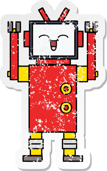 Bir insan tarafından çizilmiş sevimli bir robot çizgi film çıkartması.