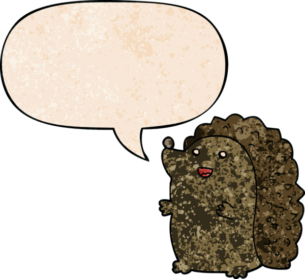 çizgi film mutlu kirpi konuşma balonu ile retro doku bir insan tarafından çizilmiş