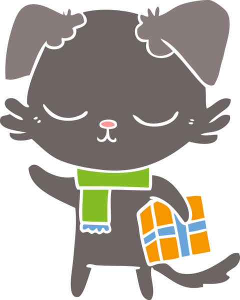 Sevimli düz renkli çizgi film köpeği ve bir insan tarafından çizilmiş noel hediyesi.