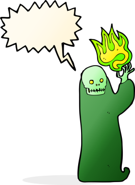 Bir insan tarafından çizilmiş bir konuşma balonuyla cadılar bayramı hortlağını sallayan çizgi film.