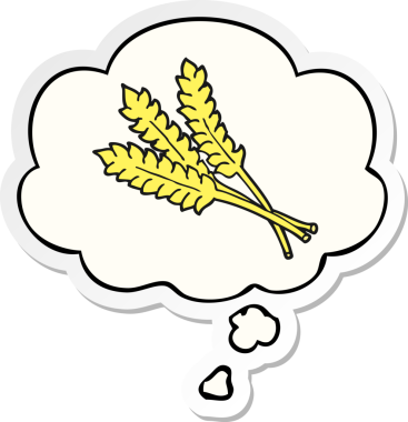 Düşünce baloncuğu olan karikatür buğdayı insan tarafından çizilmiş bir çıkartma gibi.