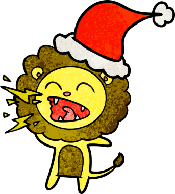 Kükreyen bir aslanın el çizimi bir insan tarafından çizilmiş Noel Baba şapkası.