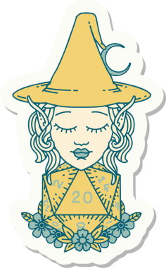 Bir insan tarafından çizilmiş doğal yirmi zarlı elf büyücü karakterinin çıkartması.