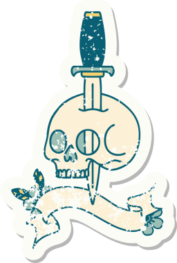 Bir insan tarafından çizilmiş kafatasının pankartıyla eski bir etiket.