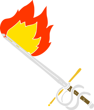 Bir insan tarafından çizilmiş alevli kılıcın düz renk çizimi