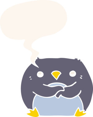 bir insan tarafından çizilmiş, retro tarzı konuşma balonu olan penguen çizgi filmi.