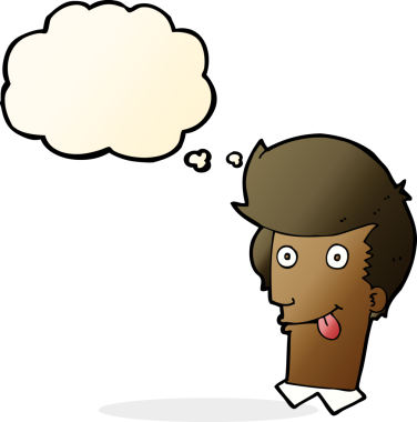 Bir insan tarafından çizilmiş düşünce baloncuğuyla takılan dilli çizgi film adamı.