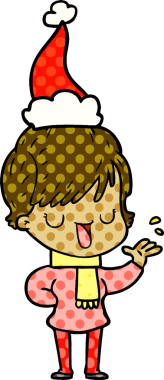 Bir insanın çizdiği Noel Baba şapkasıyla konuşan bir kadının el çizimi çizgi roman tasviri.