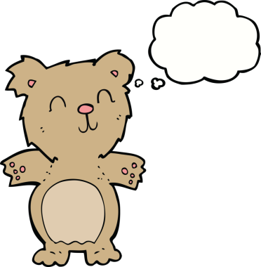 Bir insan tarafından çizilmiş düşünce baloncuklu şirin oyuncak ayı.