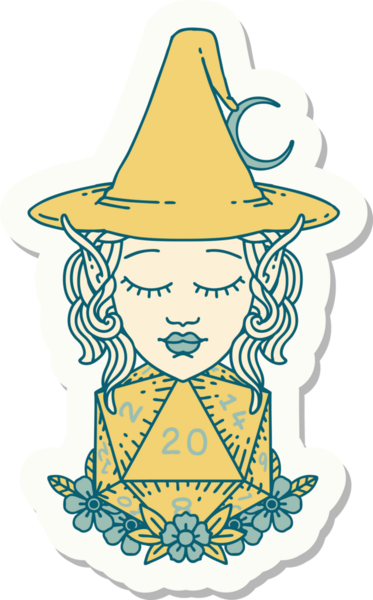 Bir insan tarafından çizilmiş doğal yirmi zarlı elf büyücü karakterinin çıkartması.