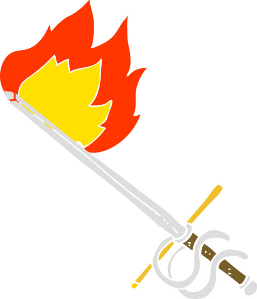 Bir insan tarafından çizilmiş alevli kılıcın düz renk çizimi