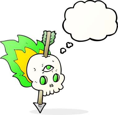 Serbest çizim düşünce balonu karikatür sihirli kafatası bir insan tarafından çizilmiş ok ile beyin