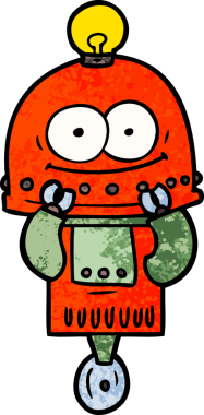 Bir insan tarafından çizilmiş ampullü mutlu karton robot.