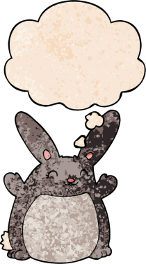 Bir insan tarafından çizilmiş grunge desenli düşünce baloncuklu çizgi film tavşanı.