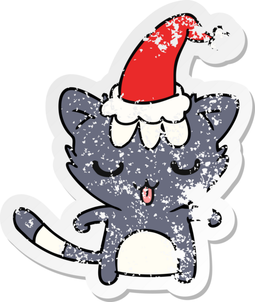 Bir insan tarafından çizilmiş kawaii kedisinin sıkıntılı yılbaşı çıkartması.