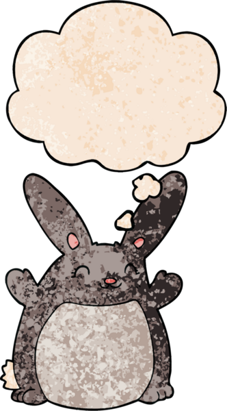 Bir insan tarafından çizilmiş grunge desenli düşünce baloncuklu çizgi film tavşanı.