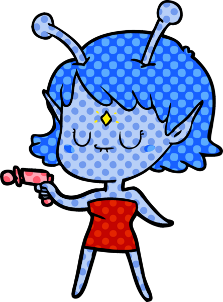 Bir insan tarafından çizilmiş ışın tabancalı uzaylı kız.