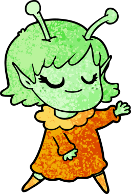 Bir insan tarafından çizilmiş gülümseyen uzaylı kız çizgi filmi.