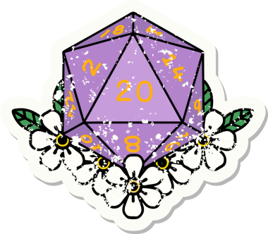 Bir insan tarafından çizilmiş çiçek elementleriyle 20 D20 zarının grunge sticker 'ı.