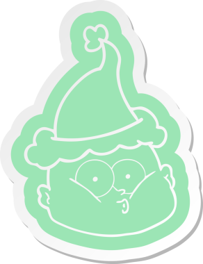 Bir insan tarafından çizilmiş Noel Baba şapkası giyen meraklı kel bir adamın garip çizgi film etiketi.