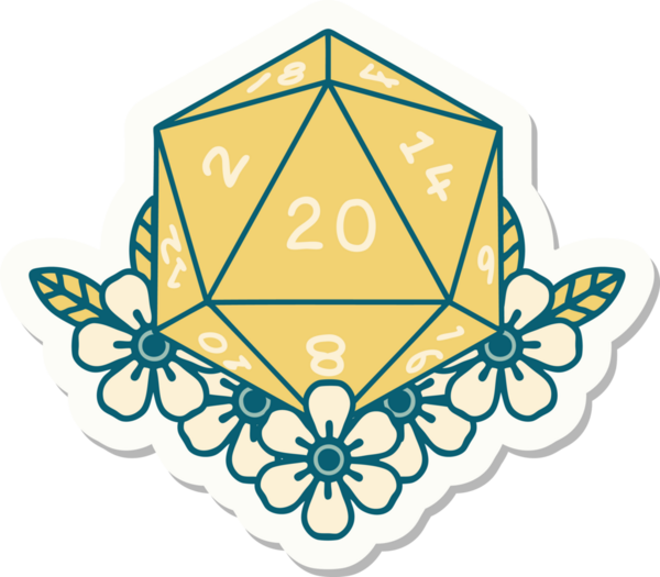 Bir insan tarafından çizilmiş 20 D20 zarının etiketi.