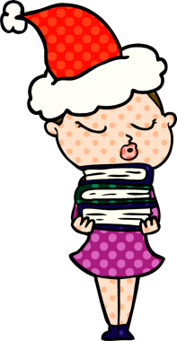 Bir insan tarafından çizilmiş Noel Baba şapkası giyen sakin bir kadının el çizimi çizgi roman çizimi.