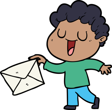 Bir insan tarafından çizilmiş bir mektupla gülen çizgi film adamı.