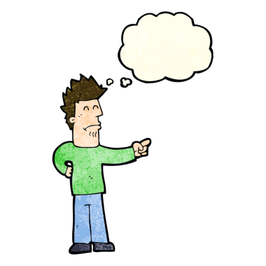 Bir insan tarafından çizilen düşünce baloncuğuyla işaret eden çizgi film adamı.