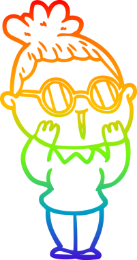 Bir insan tarafından çizilmiş gözlük takan bir karikatür kadının çizimi.