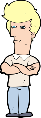 Bir insan tarafından çizilmiş kolları katlanmış çizgi film adamı.