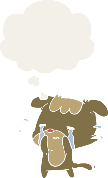 Düşünce baloncuğu insan tarafından çizilmiş karikatür üzgün köpek.