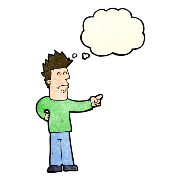 Bir insan tarafından çizilen düşünce baloncuğuyla işaret eden çizgi film adamı.